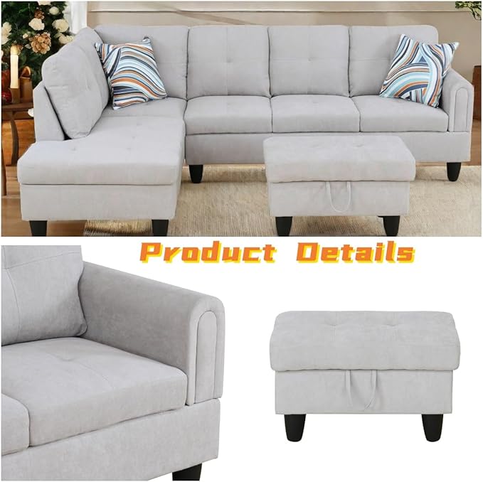 FONTOI L Shaped Sectional Couch with Otttoman 97 Sectional Sofa for Living Room Flannel Modular Couches with Cup Holders for Bedroom Apartments Light Grey