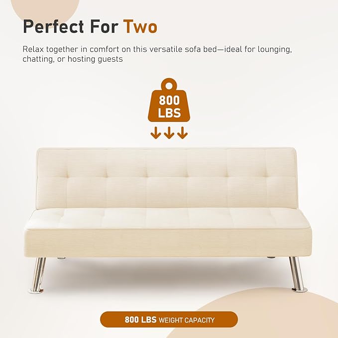 Furnimart Futon Sofa Bed 66 Corduroy Convertible Futon Couch with 3-Position Adjustable Backrest Solid Wood Frame Sleeper Sofa for Small Space Living Room Apartment Office Beige