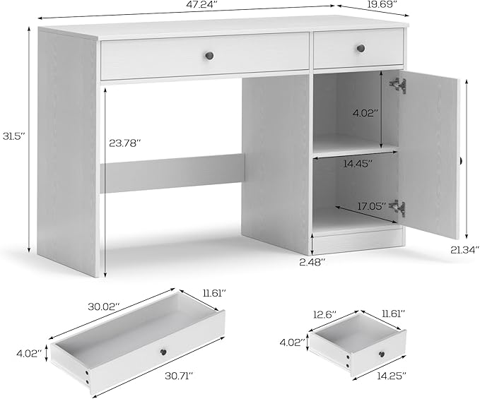 TUSY 47 White Office Desk with Drawers - Modern Office Desk with Storage Executive Desk for Office Modern Computer Desk for Small Spaces Wood Writer Desk for Study Bedroom Home Office