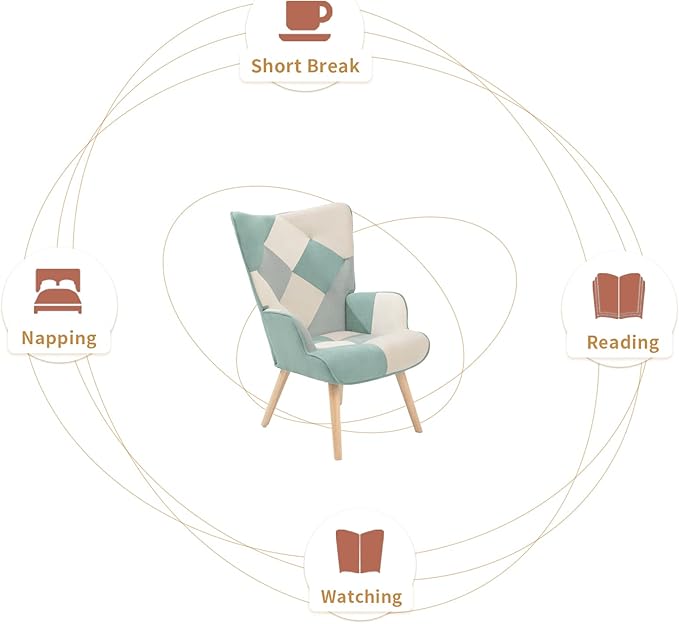 Living Room Chair and Footstool Set Comfortable Side Armchair in The Bedroom with a Creative Patchwork Fabric Surface. (Blue + Solid Wood)