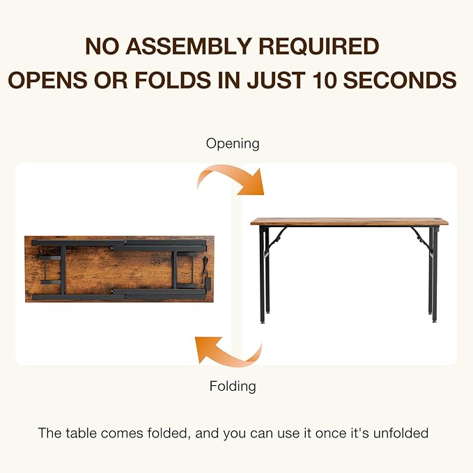 TEMI Long Computer Desk Folding Table - No Assembly Compact 55 Foldable Desk with Power Outlets &amp USB Charging Port Portable Lagre Office Desk Ideal Large Study Table for Narrow Spaces Brown