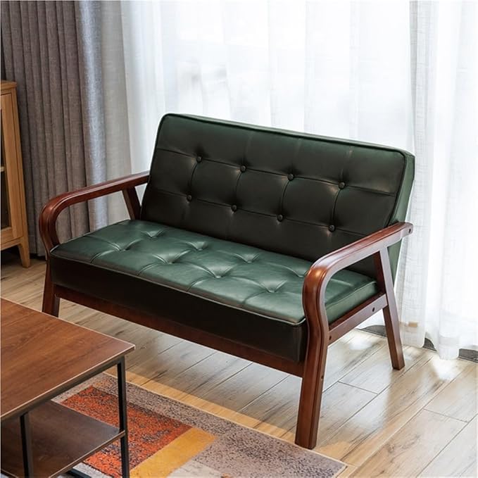 Mid-Century Modern Loveseat Comfy Faux Leather Upholstered Couch Solid Wood Frame Vintage Accent Armchair with High Back for Home Office Waiting Room 45.3''L x 24.4''D x 29.5''H(Green)