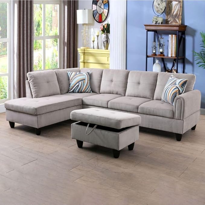 Grey White L-Shaped 3-Piece Corduroy Sofa with Storage Ottoman Set Sectional Couch Sofa Set for Living Room Office Small Space