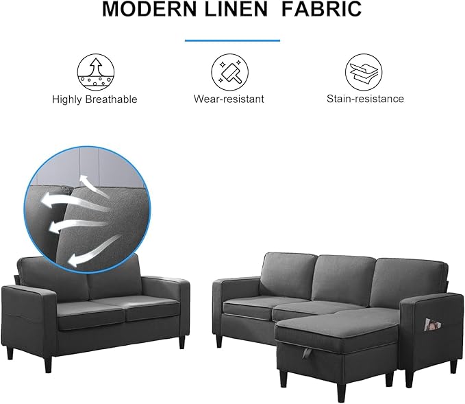 PUREMIND 2 Piece Living Room Sofa Sets Modern 3 Seater Sofa and Loveseat Set for Living Room Linen Fabric L Shaped Sectional Couch with Ottoman + 2-Seat Couch Sets for Livingroom Apartment