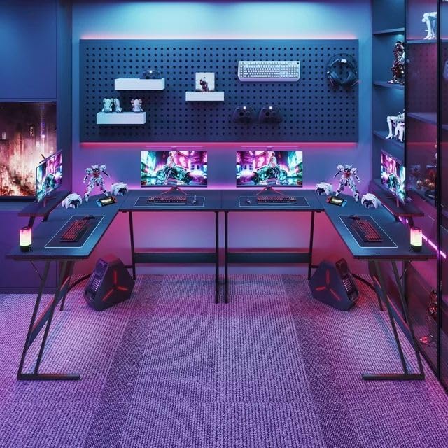 Shahoo L Shaped Gaming Desk 47 Inch Computer Corner Table with Large Monitor Stand &amp Carbon Fiber Surface for Home Office Study Writing Workstation 47 in Black