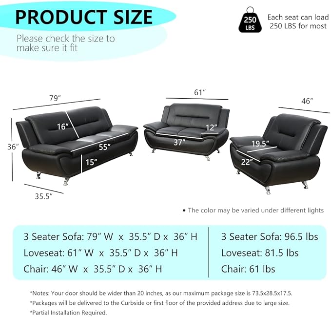 2 Piece Living Room Furniture Set Sectional Sofa Couches Black Leather Sofa Set Modern Sofa Couch Set for Living Room/Bedroom/Office Black#2