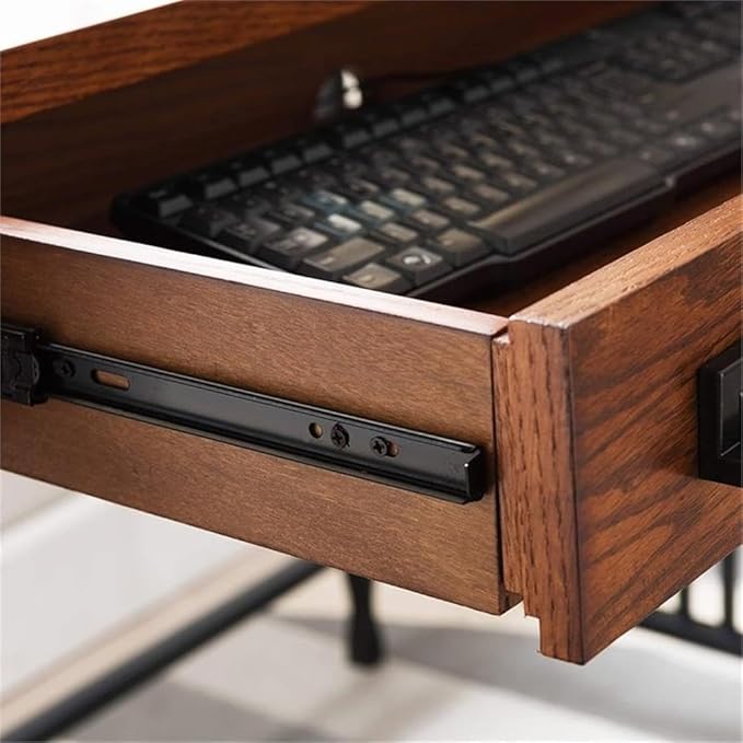 BOWERY HILL Computer Desk 46 in x 22 in x 30 in Mission Oak Finish Hardwood Solids and Oak Veneers Matte Black Steel Base Drop Front Drawer Home Office Writing Desk