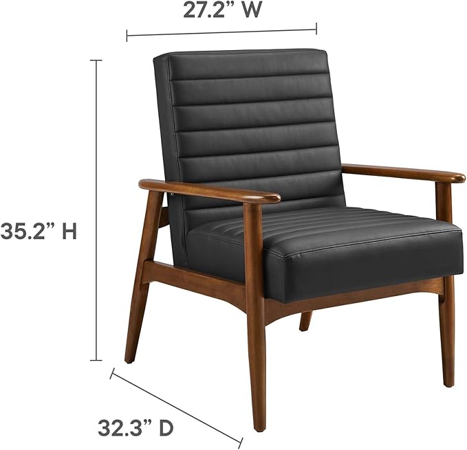 Modway Jensen Vegan Leather Accent Chair in Walnut Black - Mid-Century Modern Armchair with Solid Wood Legs &amp Armrest - Upholstered Faux Leather Single Side Chair - Reading Chair for Living Room