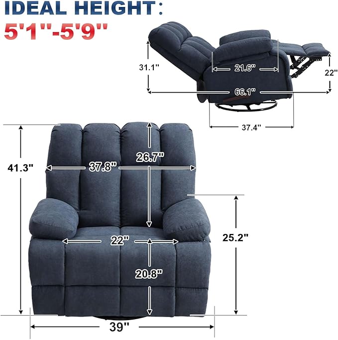 Oversized Recliner Chair 360° Swivel Rocker Recliner for Big Man Extra Wide Manual Recliner Overstuffed Soft Rocking Sofa Chair Overstuffed Soft Rocking Sofa Chair for Living Room(Grey)