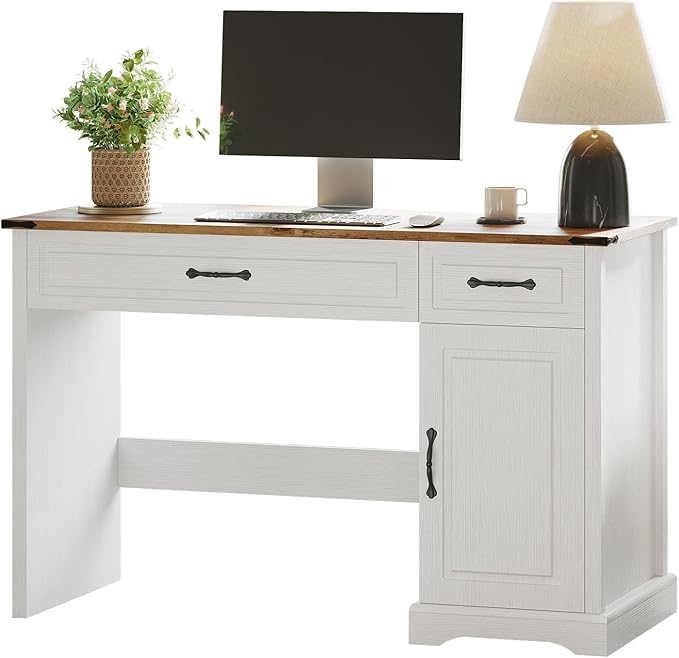 CuisinSmart 47 Farmhouse Executive Desk with Drawers Wooden Home Office Desks with Storage Cabinet Rustic Computer Desk for Working Studying Writing White