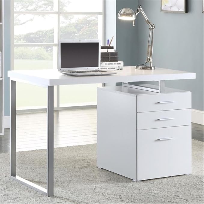 Pemberly Row Modern 3-Drawer Wood Office Desk 47.25 W x 23.5 D x 30 H White Finish Silver Metal Frame Spacious File Cabinet Reversible Setup Home Office Desk for Indoor Use