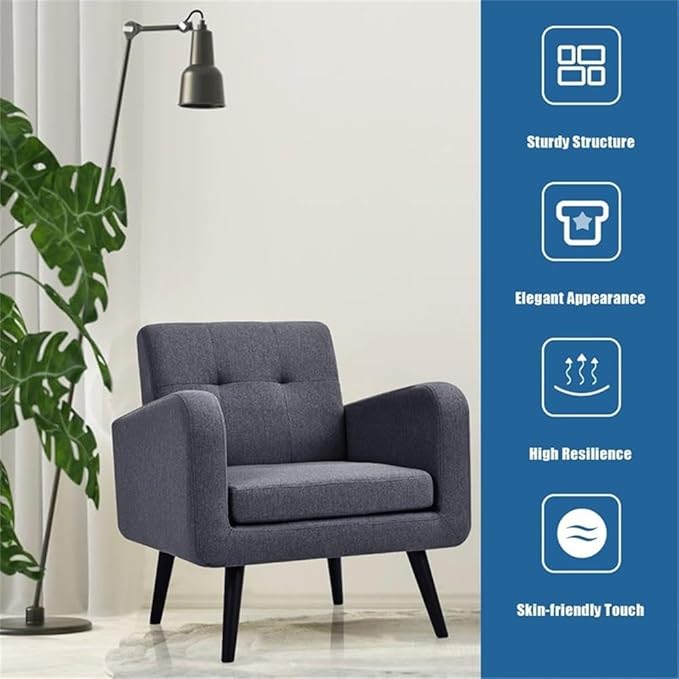 Pemberly Row Contemporary Fabric Accent Chair Gray Linen Upholstery Rubber Wood Legs Tufted Backrest 29.5 L x 29.5 W x 32.5 H Comfortable Living Room or Reception Room Seating