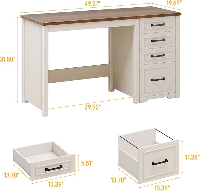 Vabches Farmhouse 49” Executive Desk with File Drawer 4 Drawers Reversible Computer Desk with Storage Rustic Home Writing Workstation for Home Office.White Brown