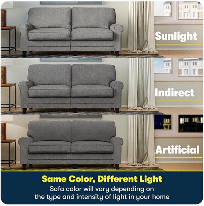 BOWERY HILL 61 Rolled Arm Loveseat Sofa Removable Covers Dark Gray Upholstery Compact Space-Saving Design Solid Wood Frame High-Density Foam Cushions Low-Profile Seating for Small Living Room