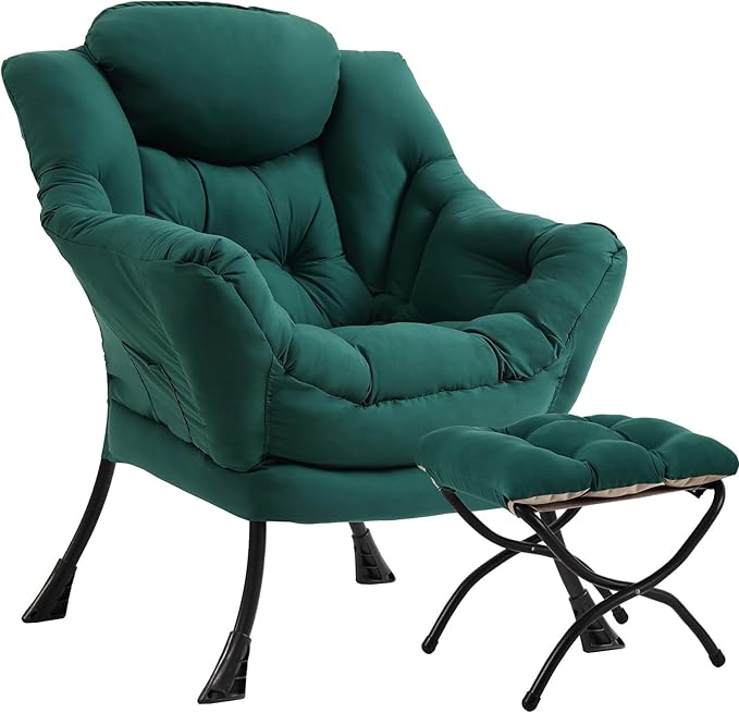 Lazy Chair with Ottoman Large Dark Green Accent Chair with Ottoman Comfy Reading Armchair Leisure Sofa Chair for Living Room Bedroom Dorm Room Office