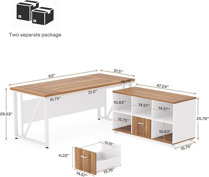 Tribesigns 63-Inch Executive Computer Desk with 47-Inch Lateral File Cabinet Large Workstation Business Furniture L Shaped Desk with Drawers and Storage Shelves for Home Office Walnut &amp White