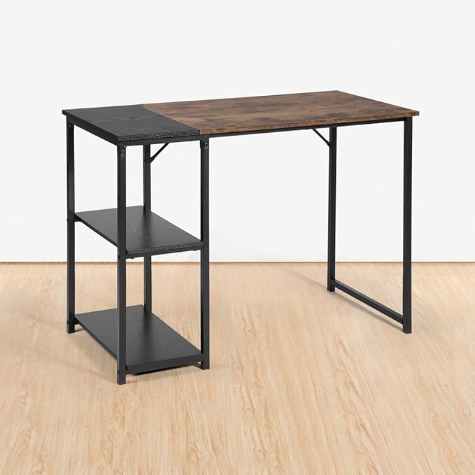 Black Brown Wood Top Contemporary Writing Table with 2 Storage Shelves for Home Office Study Computer Desk L39.3 x W18.9 x H29.1