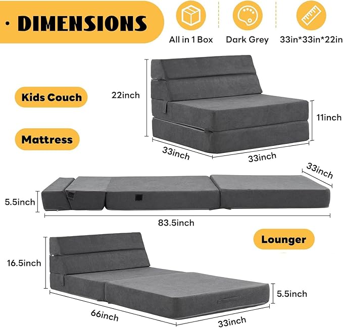 jela Foldable Sofa Bed Large Soft Foam Convertible Sleeper Chair Luxury Miss Fabric Fold Out Chair Bed Floor Couch with Back Support Floor Sofa for Living Room Bedroom (83x33Dark Gray)