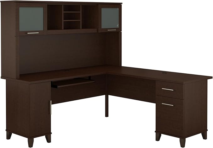 Bush Furniture Somerset L Shaped Desk with Hutch in Maple Cross | Corner Computer Table with Drawers Cabinets and Pullout Keyboard/Laptop Tray for Home Office