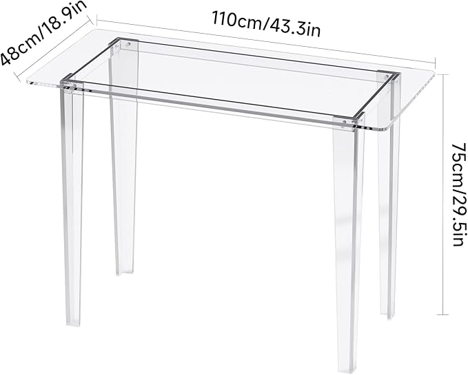Acrylic Desk - Clear Acrylic Table Modern Home Office Study Table Extended Surface Multi-Purpose Console Sturdy Lightweight Workstation for Small Spaces (Transparent-L)