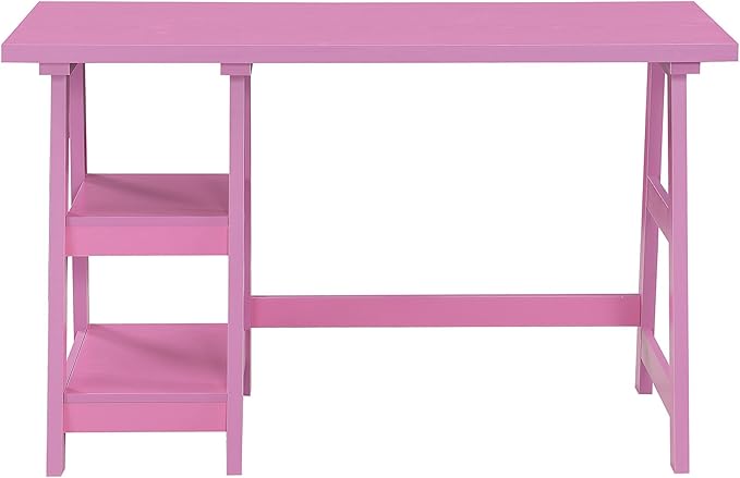 Convenience Concepts Designs2Go Trestle Desk 47 - Modern Desk or Vanity with Shelves for Office Dorm Living Room Pink
