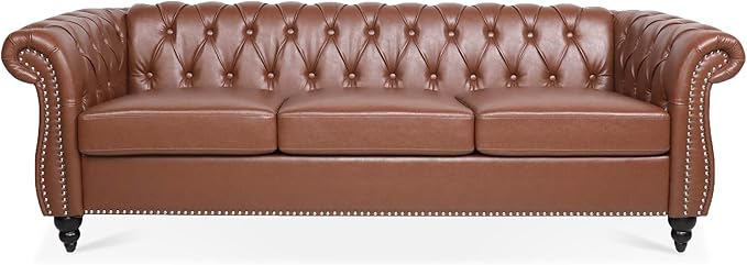 84.65''Chesterfield Sofa Mid Century Modern Tufted Sofas with Rolled Arms and Nailhead 3-Seat Upholstered Leather Sofa Couch with Solid Wood Legs for Living Room Office Brown PU