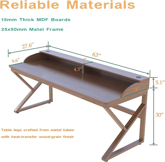Long Desk with Monitor Stand - 63 Double Long Computer Table for 2-Person Workstation Large Writing Study Work Desk for Home and Office Walnut