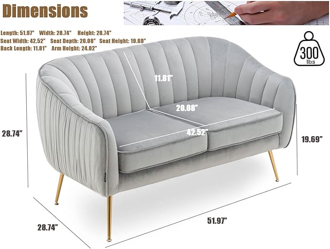 Velvet Couch Sofa Chairs for Two People Modern Loveseat for Living Rooms Bedrooms Small Spaces Golden Finished Grey