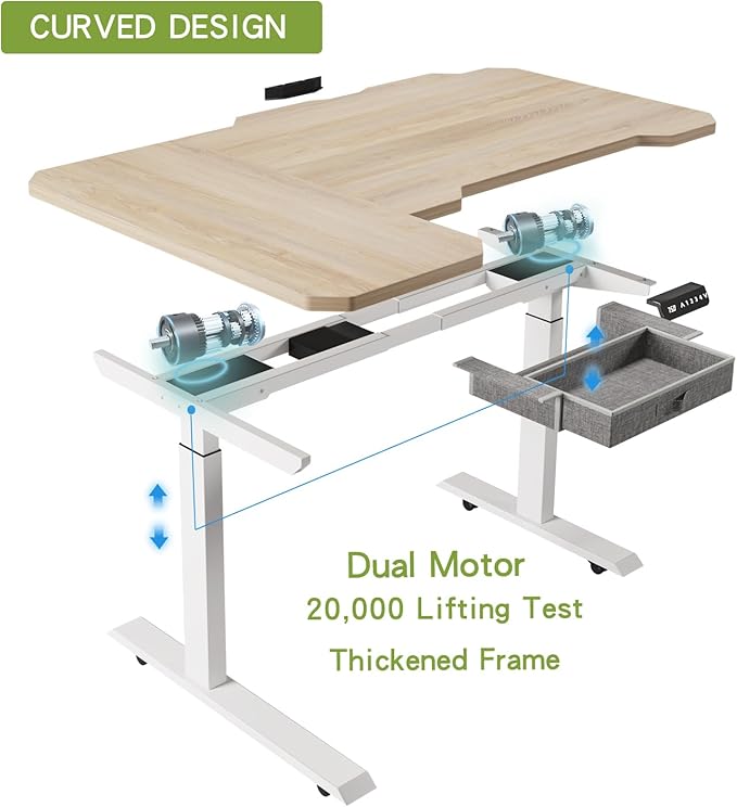 Radlove Dual Motors Height Adjustable 59'' L Shape Electric Standing Desk with Drawer Stand Up Table 4 Memory Keys Computer Desk with Splice Board Home Office Desk Oak Top + White Frame