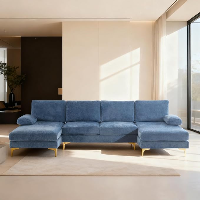 Karl home 110 Sectional Sofa U-Shaped 4-Seat Couch with Chaises Chenille Fabric Upholstered for Living Room Apartment Office Dusty-Blue