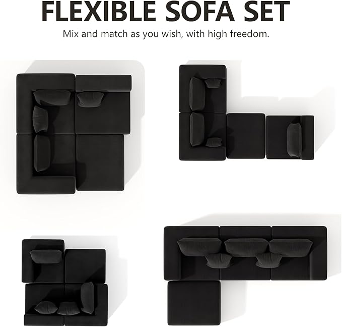 Modern Cloud Sectional Couches for Living Room Convertible L-Shape Boneless Couches with Ottoman 3 Seater Corduroy Modular Sectional Sofa with Pockets No Assembly (Black) | Sectional Couches L-Shap