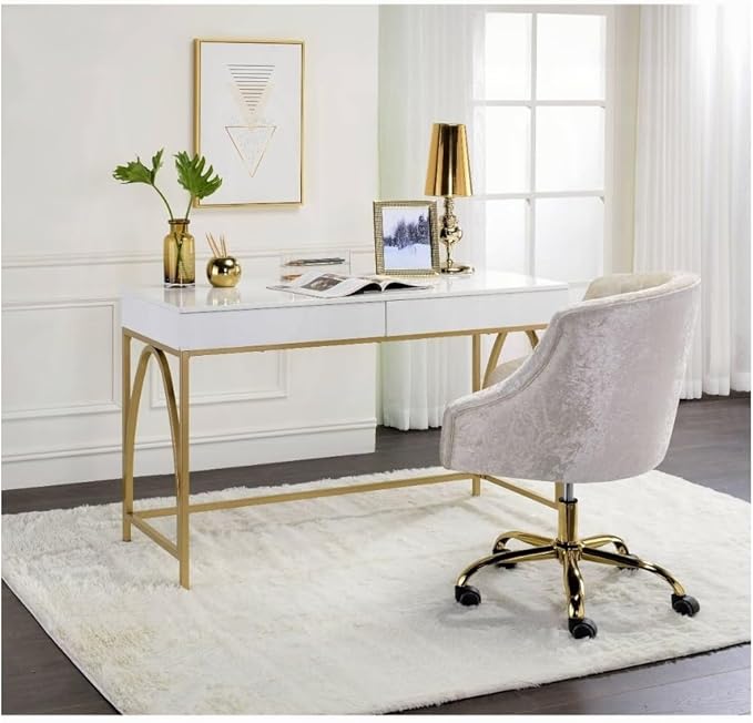 Maykoosh Modern Home Office Desk - White Gloss Top &amp Gold Metal Legs
