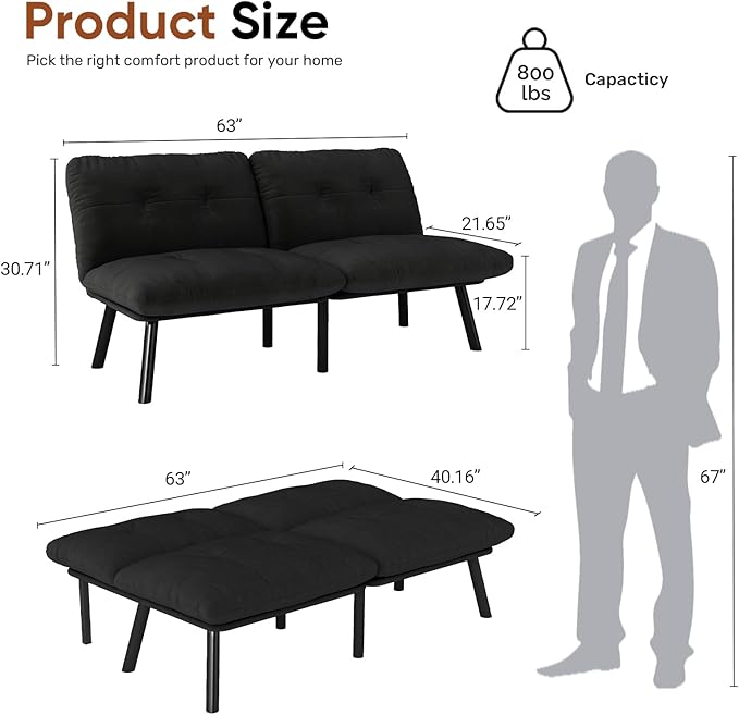 Futon Sofa Sleeper Couch Bed with Adjustable Backrest Thick Cushion Velvet Fabric for Department Living Room Lounge Sofa Loveseat (Black)