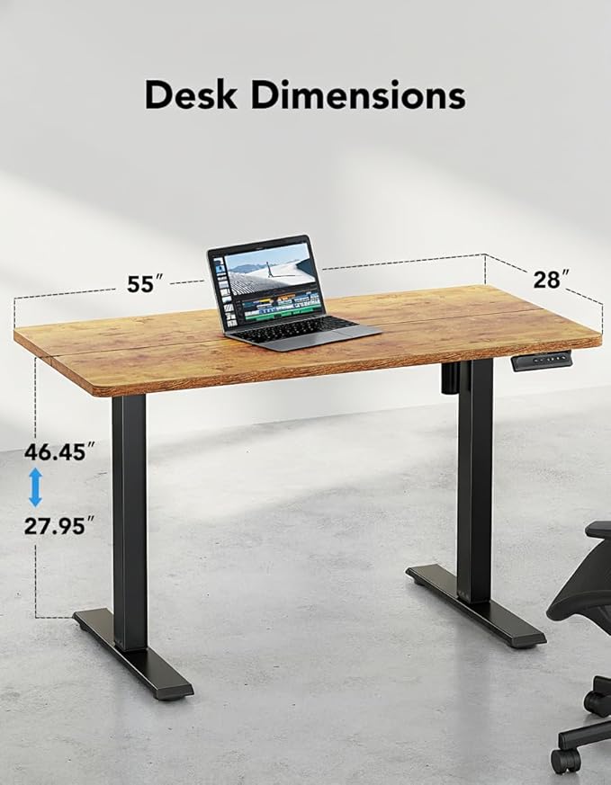 HUANUO Electric Standing Desk 55 x 28 Height Adjustable Desk 4 Memory Height Settings Sit to Stand Up Desk for Home Office with Headphone Hook Cable Manager Rustic Brown