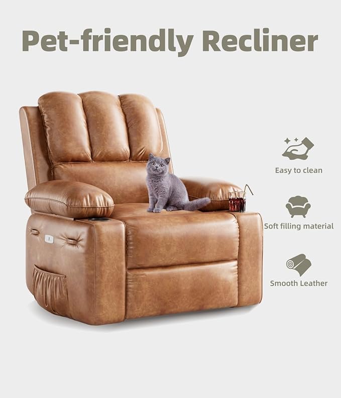 Oversized Recliner Chairs with Massage and Heat Leather Recliner Chair for Adults Rocker Recliner with Cup Holder for Living Room Bedroom and Nursery Light Brown