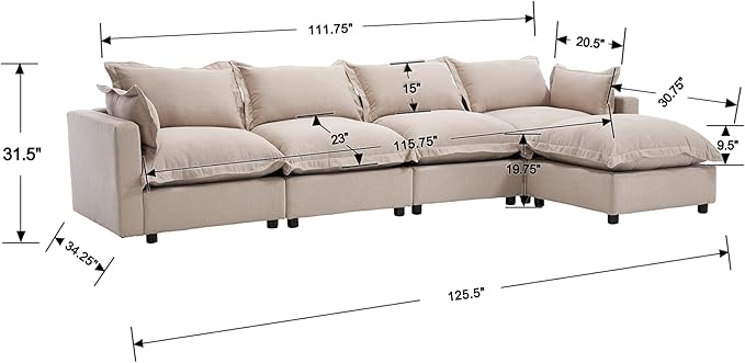 Modern Couch Modular Sectional Sofa 126 L-Shape Cloud Couch with Ottoman for Living Room Bedroom Reading Study Waitting Room Linen Fabric-Khaki