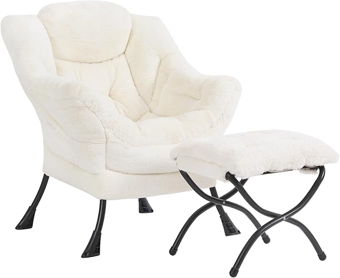 Lazy Chair and Ottoman Large Plush Beige Contemporary Accent Chair with a Side Pocket Modern Leisure Upholstered Reading Armchair with Footrest for Office Bedroom Living Room Balcony