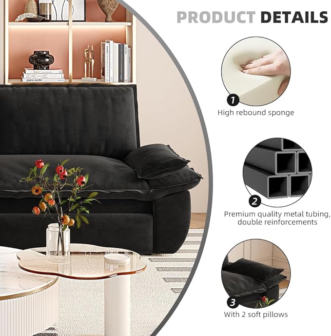 Cilee 73.2 Folding Sofa Bed 3-in-1 Convertible Loveseat Sleeper Sofa Pull Out Futon Sofa Bed Comfy Floor Couch with Storage Pocket &amp 2 Pillows Love Seats Furniture for Living Room Velvet Bl