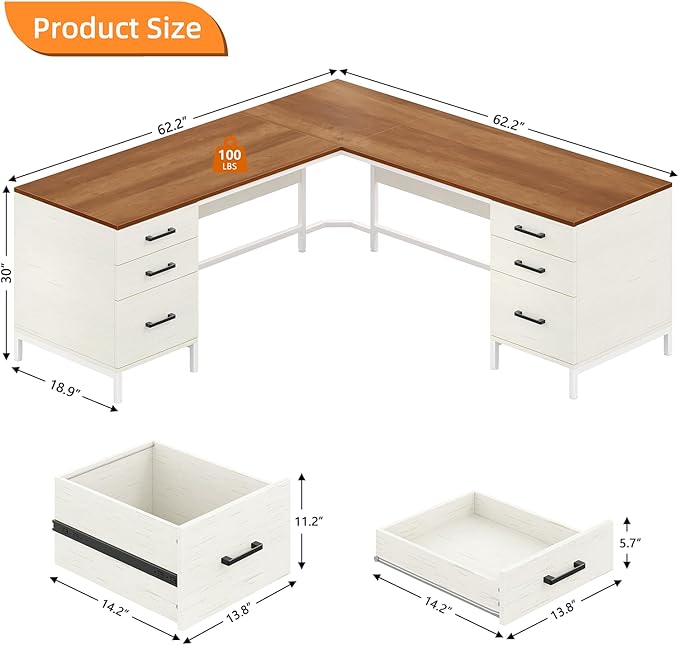 TVU 59’‘ L Shaped Desk with 6 Wood Drawers Large Home Office Corner Computer Desk with Storage File Cabinet Modern Metal Wood Desk for Executive Writing Study Workstation