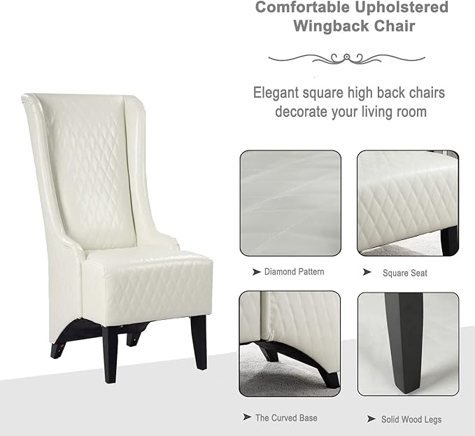Henf 22 Wide Upholstered Wingback Accent Chair PU Leather Living Room Chair Modern Side Chair Leisure Chair High Backrest Indoor Single Sofa with Solid Wood LegsWhite