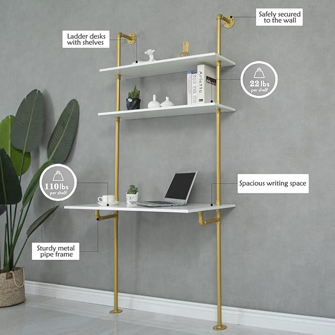 MAIKAILUN White and Gold Desk 36 Ladder Desk Wall Mount Computer Writing Table Pipe Shelf Shelving Mini Narrow Industrial Modern for Small Spaces(36x20x81)