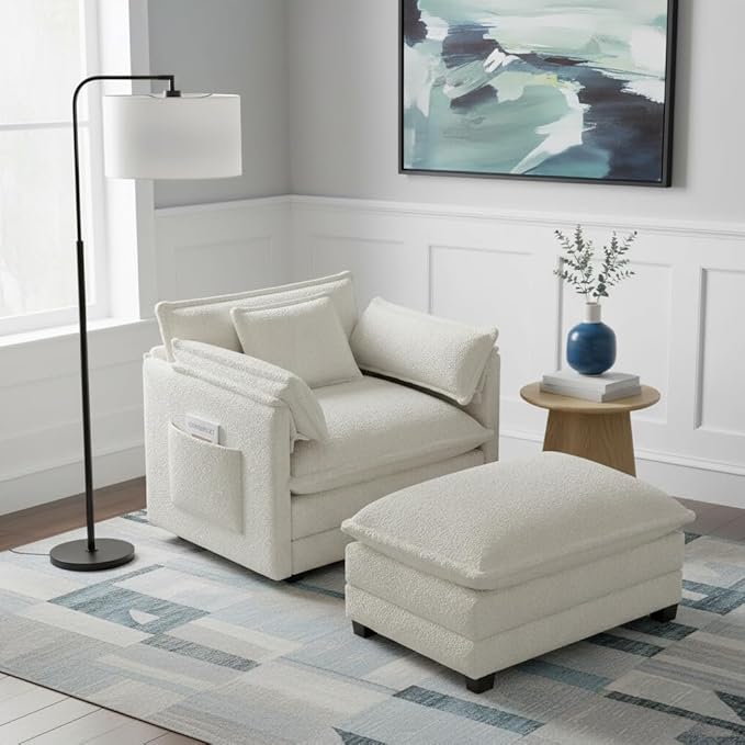 Accent Chair Comfy Oversized Sofa Sleeper Chair with Ottoman Modern Deep Seat Single Sofa Couch for Living Room Bedroom Study Balcony (Chenille Beige)