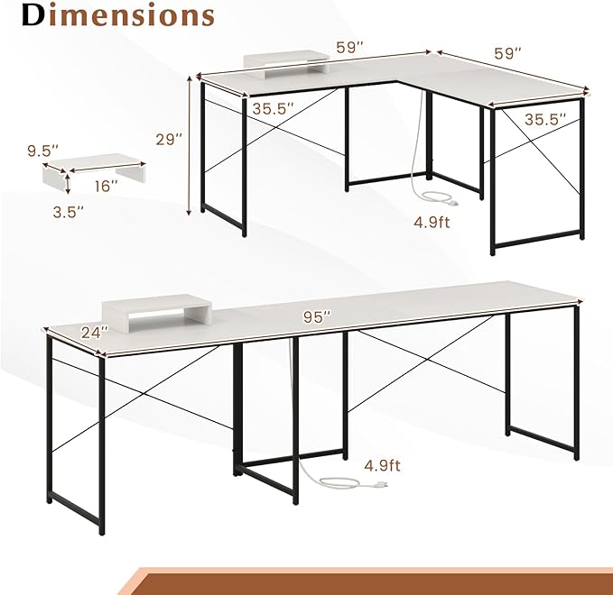 Giantex L Shaped Computer Desk 59 Inch Reversible Corner Desk with Power Outlet and USB Ports &amp Monitor Stand Wooden Writing Desk Gaming Table for Home Office Room Small Space (White)