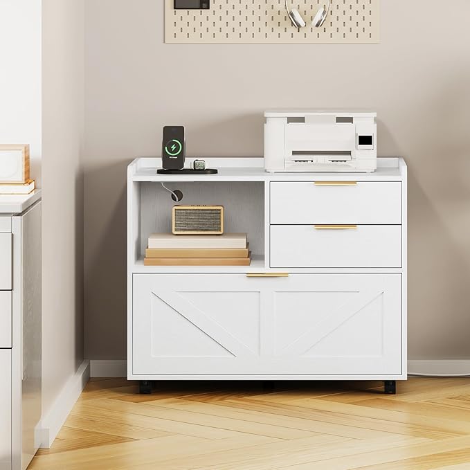 HOOBRO Lateral File Cabinet Wooden Office Storage Drawers with Charging Station Filing Cabinet for Home Office A4/Letter/Legal-Sized Files Printer Stand with Open Storage Spaces White WT37UWJ01