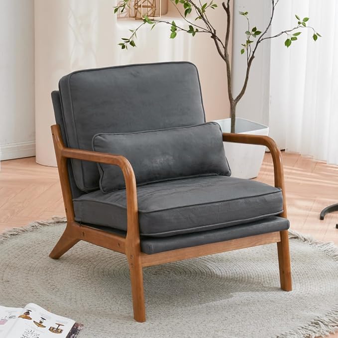 Mid Century Modern Accent Chairs Single Linen Lounge Reading Armchair with Solid Wood Frame Easy Assembly Arm Chairs for Living Room-Dark Grey