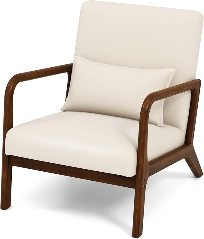 KOMFOTT Mid-Century Modern Accent Chair Indoor Living Room Leisure Chair with Cushioned Seat &amp Back Upholstered Armchair with Rubber Wood Frame &amp Lumbar Pillow Lounge Chair for Bedroom Bei