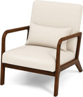 KOMFOTT Mid-Century Modern Accent Chair Indoor Living Room Leisure Chair with Cushioned Seat &amp Back Upholstered Armchair with Rubber Wood Frame &amp Lumbar Pillow Lounge Chair for Bedroom Bei