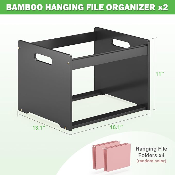 Hanging File Organizer Box for Letter Size 2 Pack Bamboo File Folder Organizer Storage Moving Boxes with Handle Wood Desk Filing Box for Office Banker Document