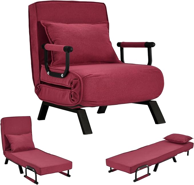 Convertible Sofa Bed Sleeper ChairSingle Person Chaise Lounge Couch with PillowUpholstered Lazy Bed with 6 Angles Adjustable BackrestFolding Sofa Arm Chair for Apartment/Office/Home (Red)