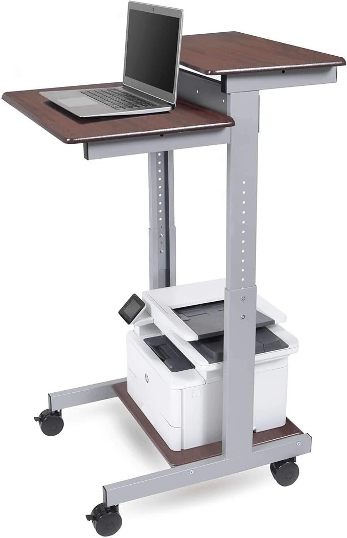 Stand Up Desk Store Rolling Adjustable Height Two Tier Standing Desk Computer Workstation (Silver Frame/Dark Walnut Top 24 Wide)